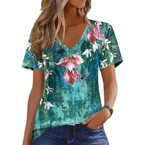 imageZeagoo Womens Short Sleeve Shirts for Summer Casual VNeck Blouse Shirts 2025 Dressy Tops with PleatsFlower2
