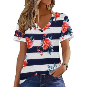 imageZeagoo Womens Short Sleeve Shirts for Summer Casual VNeck Blouse Shirts 2025 Dressy Tops with PleatsFlower3