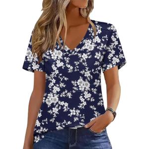 imageZeagoo Womens Short Sleeve Shirts for Summer Casual VNeck Blouse Shirts 2025 Dressy Tops with PleatsFlower4