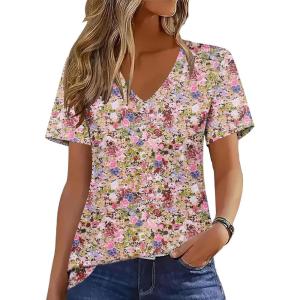 imageZeagoo Womens Short Sleeve Shirts for Summer Casual VNeck Blouse Shirts 2025 Dressy Tops with PleatsFlower5