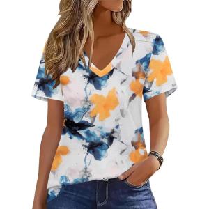 imageZeagoo Womens Short Sleeve Shirts for Summer Casual VNeck Blouse Shirts 2025 Dressy Tops with PleatsFlower7