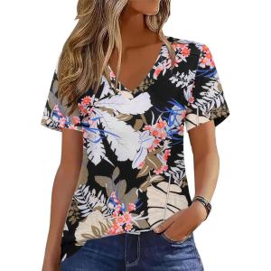 imageZeagoo Womens Short Sleeve Shirts for Summer Casual VNeck Blouse Shirts 2025 Dressy Tops with PleatsFlower8
