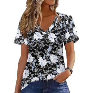 imageZeagoo Womens Short Sleeve Shirts for Summer Casual VNeck Blouse Shirts 2025 Dressy Tops with PleatsFlower9