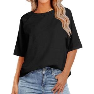 imageZeagoo Womens T Shirts Summer Casual Oversized Crewneck Loose Fit Short Sleeve Striped Tops Fashion Comfy Basic Tee BlousesBlack