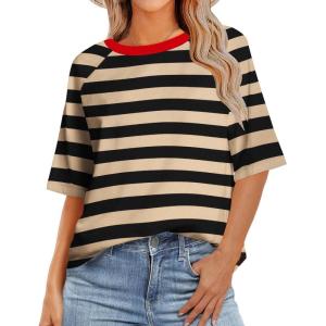 imageZeagoo Womens T Shirts Summer Casual Oversized Crewneck Loose Fit Short Sleeve Striped Tops Fashion Comfy Basic Tee BlousesBlack and Apricot Striped