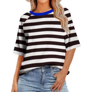 imageZeagoo Womens T Shirts Summer Casual Oversized Crewneck Loose Fit Short Sleeve Striped Tops Fashion Comfy Basic Tee BlousesBlack and White Striped