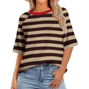 imageZeagoo Womens T Shirts Summer Casual Oversized Crewneck Loose Fit Short Sleeve Striped Tops Fashion Comfy Basic Tee BlousesBrown and Khaki Striped