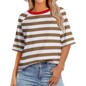 imageZeagoo Womens T Shirts Summer Casual Oversized Crewneck Loose Fit Short Sleeve Striped Tops Fashion Comfy Basic Tee BlousesKhaki and White Striped