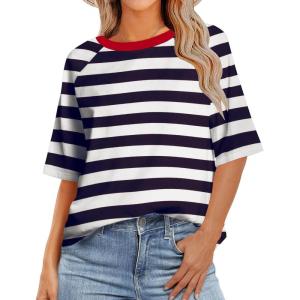 imageZeagoo Womens T Shirts Summer Casual Oversized Crewneck Loose Fit Short Sleeve Striped Tops Fashion Comfy Basic Tee BlousesNavy Blue and White Striped