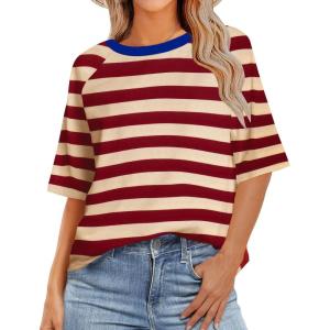 imageZeagoo Womens T Shirts Summer Casual Oversized Crewneck Loose Fit Short Sleeve Striped Tops Fashion Comfy Basic Tee BlousesRed and Apricot Striped
