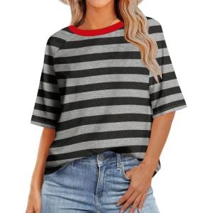 imageZeagoo Womens T Shirts Summer Casual Oversized Crewneck Loose Fit Short Sleeve Striped Tops Fashion Comfy Basic Tee BlousesStriped Gray