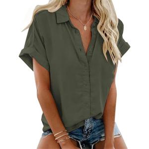 imageZeagoo Short Sleeve Summer Tops for Women Casual Button Down Shirts SolidStriped Business Work BlousesArmy Green