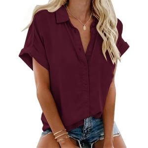 imageZeagoo Short Sleeve Summer Tops for Women Casual Button Down Shirts SolidStriped Business Work BlousesDark Red