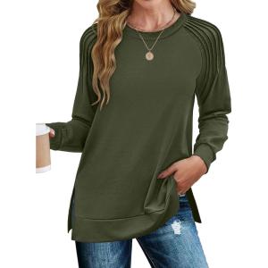imageZeagoo Tunic Tops for Women 2025 Spring Long Sleeve Shirts Dressy Casual Crewneck Pleated Cute Tops Side Split SweatshirtsArmy Green