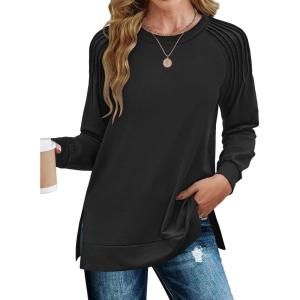 imageZeagoo Tunic Tops for Women 2025 Spring Long Sleeve Shirts Dressy Casual Crewneck Pleated Cute Tops Side Split SweatshirtsBlack