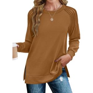 imageZeagoo Tunic Tops for Women 2025 Spring Long Sleeve Shirts Dressy Casual Crewneck Pleated Cute Tops Side Split SweatshirtsBrown