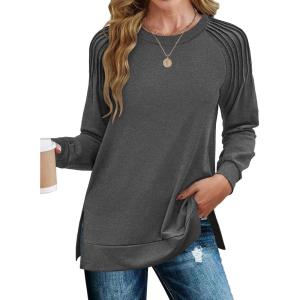 imageZeagoo Tunic Tops for Women 2025 Spring Long Sleeve Shirts Dressy Casual Crewneck Pleated Cute Tops Side Split SweatshirtsDark Grey