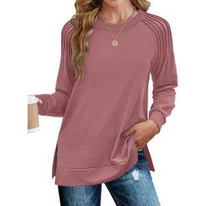 imageZeagoo Tunic Tops for Women 2025 Spring Long Sleeve Shirts Dressy Casual Crewneck Pleated Cute Tops Side Split SweatshirtsDark Pink
