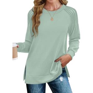 imageZeagoo Tunic Tops for Women 2025 Spring Long Sleeve Shirts Dressy Casual Crewneck Pleated Cute Tops Side Split SweatshirtsIce Green