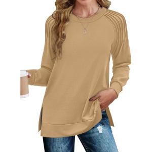imageZeagoo Tunic Tops for Women 2025 Spring Long Sleeve Shirts Dressy Casual Crewneck Pleated Cute Tops Side Split SweatshirtsKhaki