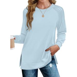 imageZeagoo Tunic Tops for Women 2025 Spring Long Sleeve Shirts Dressy Casual Crewneck Pleated Cute Tops Side Split SweatshirtsLight Blue