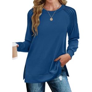 imageZeagoo Tunic Tops for Women 2025 Spring Long Sleeve Shirts Dressy Casual Crewneck Pleated Cute Tops Side Split SweatshirtsNavy Blue