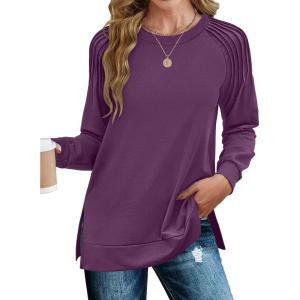 imageZeagoo Tunic Tops for Women 2025 Spring Long Sleeve Shirts Dressy Casual Crewneck Pleated Cute Tops Side Split SweatshirtsPurple