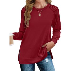 imageZeagoo Tunic Tops for Women 2025 Spring Long Sleeve Shirts Dressy Casual Crewneck Pleated Cute Tops Side Split SweatshirtsWine Red
