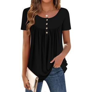 imageZeagoo Women Tunic Tops Dressy Casual Summer Short Sleeve Shirts Floral Loose Fit Pleated Boho Top SXXLBlack