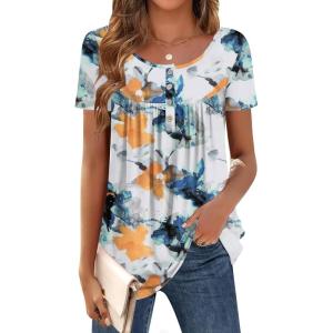 imageZeagoo Women Tunic Tops Dressy Casual Summer Short Sleeve Shirts Floral Loose Fit Pleated Boho Top SXXLDh637
