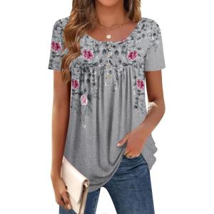 imageZeagoo Women Tunic Tops Dressy Casual Summer Short Sleeve Shirts Floral Loose Fit Pleated Boho Top SXXLHf36