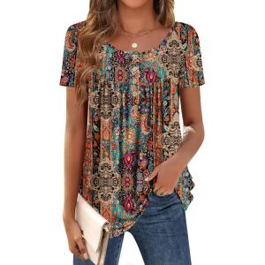 imageZeagoo Women Tunic Tops Dressy Casual Summer Short Sleeve Shirts Floral Loose Fit Pleated Boho Top SXXLMz721