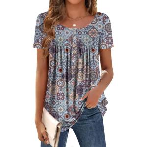 imageZeagoo Women Tunic Tops Dressy Casual Summer Short Sleeve Shirts Floral Loose Fit Pleated Boho Top SXXLMz834