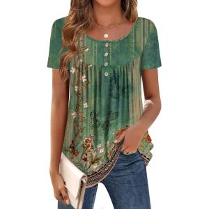 imageZeagoo Women Tunic Tops Dressy Casual Summer Short Sleeve Shirts Floral Loose Fit Pleated Boho Top SXXLPa171