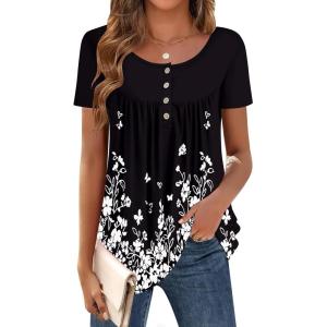 imageZeagoo Women Tunic Tops Dressy Casual Summer Short Sleeve Shirts Floral Loose Fit Pleated Boho Top SXXLSf100