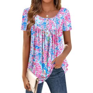 imageZeagoo Women Tunic Tops Dressy Casual Summer Short Sleeve Shirts Floral Loose Fit Pleated Boho Top SXXLWf39