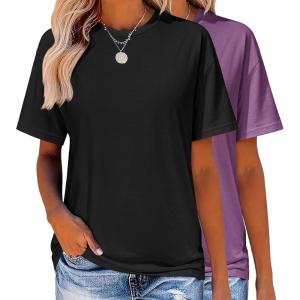 imageZeagoo Womens TShirts Short Sleeve Tops Summer Casual Blouse Crew Neck Basic Shirt 2 Pack Loose Fit TeeBlack purple