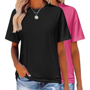 imageZeagoo Womens TShirts Short Sleeve Tops Summer Casual Blouse Crew Neck Basic Shirt 2 Pack Loose Fit TeeBlack rose Red