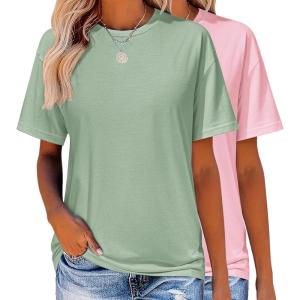 imageZeagoo Womens TShirts Short Sleeve Tops Summer Casual Blouse Crew Neck Basic Shirt 2 Pack Loose Fit TeeLight Green pink