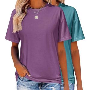 imageZeagoo Womens TShirts Short Sleeve Tops Summer Casual Blouse Crew Neck Basic Shirt 2 Pack Loose Fit TeePurple blue Green