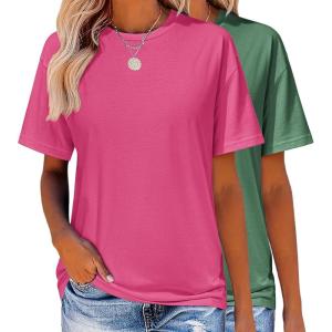 imageZeagoo Womens TShirts Short Sleeve Tops Summer Casual Blouse Crew Neck Basic Shirt 2 Pack Loose Fit TeeRose Red dark Green