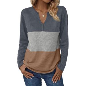 imageZeagoo Womens Waffle Shirts V Neck Long Sleeve Tops Color Block TShirts Casual Tunics 2024 Fashion Basic TeesCharcoalGrayBrown