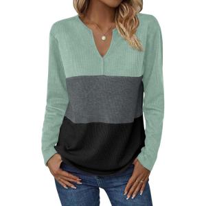 imageZeagoo Womens Waffle Shirts V Neck Long Sleeve Tops Color Block TShirts Casual Tunics 2024 Fashion Basic TeesMintCharcoalBlack
