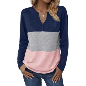 imageZeagoo Womens Waffle Shirts V Neck Long Sleeve Tops Color Block TShirts Casual Tunics 2024 Fashion Basic TeesNavy BlueGrayPink