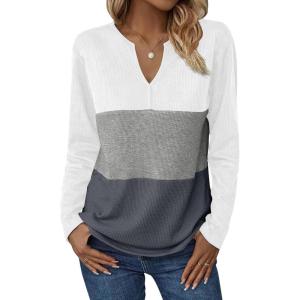 imageZeagoo Womens Waffle Shirts V Neck Long Sleeve Tops Color Block TShirts Casual Tunics 2024 Fashion Basic TeesWhiteGrayCharcoal