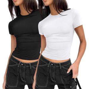 imageZeagoo Fitted T Shirts for Women 2 or 3 Piece Short Sleeve Shirts Summer Basic Crewneck Y2k TopsZblackWhite
