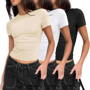 imageZeagoo Fitted T Shirts for Women 2 or 3 Piece Short Sleeve Shirts Summer Basic Crewneck Y2k TopsZblackWhiteApricot