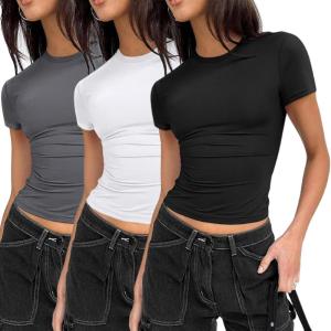 imageZeagoo Fitted T Shirts for Women 2 or 3 Piece Short Sleeve Shirts Summer Basic Crewneck Y2k TopsZblackWhiteDark Grey