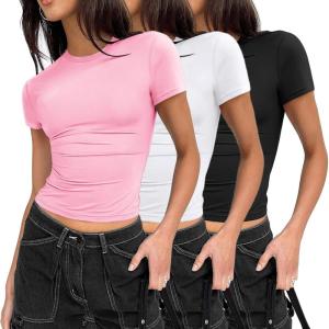 imageZeagoo Fitted T Shirts for Women 2 or 3 Piece Short Sleeve Shirts Summer Basic Crewneck Y2k TopsZblackWhitePink