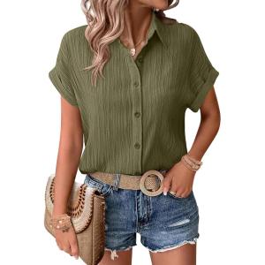 imageZeagoo Womens Button Down Shirts Casual Short Sleeve Dress Shirt Textured Collared Summer Work BlouseArmy Green